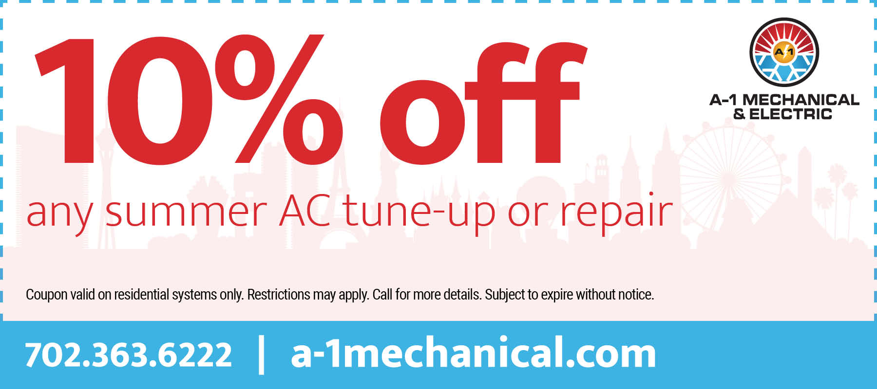 Special for 10% off any summer AC tune-up or repair. Coupons are valid on residential systems only. Restrictions may apply. Call for more details. Subject to expire without notice.