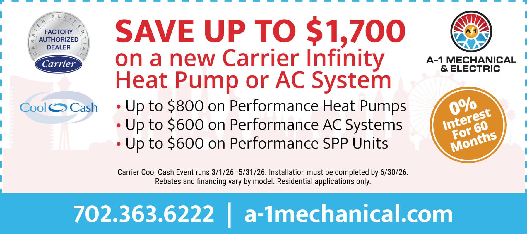 Save up to $1,700 on a new Carrier Infinity heat pump or AC system with A-1 Mechanical & Electric, including rebates up to $800 on heat pumps and $600 on AC systems, plus 0% interest financing for 60 months.